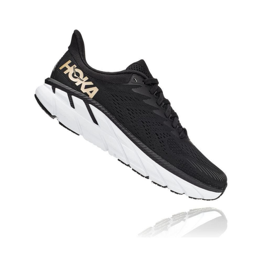 Women's Hoka Clifton 7 Road Running Shoes Black / Gold | ZA-03ERFTA